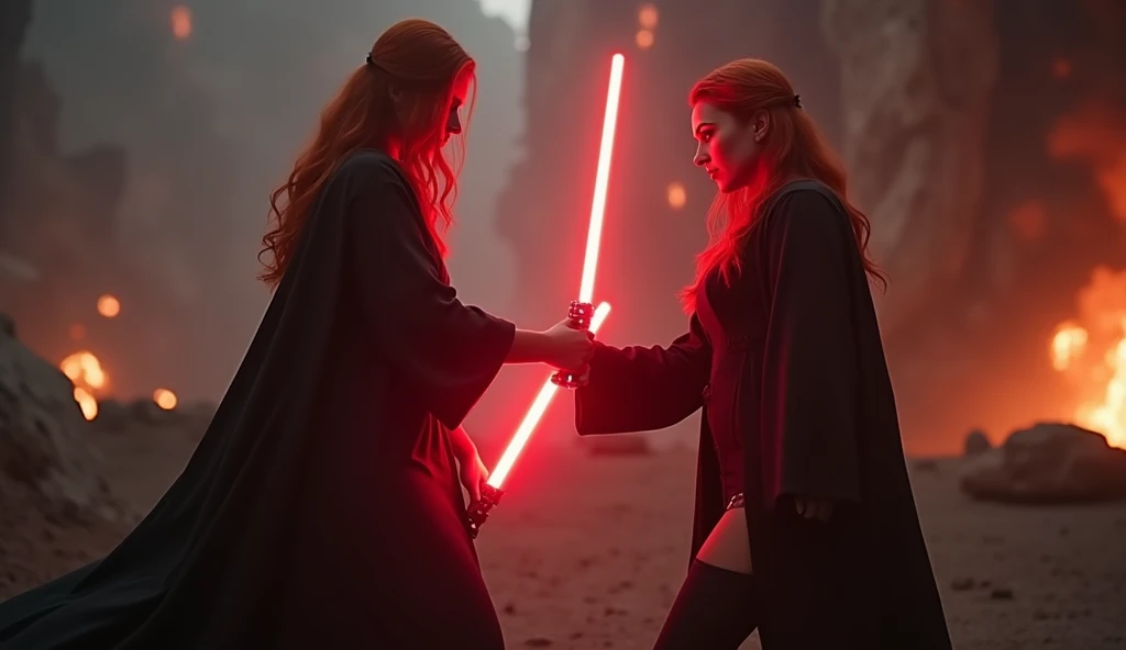 (full body shot:1) photorealistic image of two (standing pose:1) women, ultrarealistic, photography, one with long red hair, woman, 24 years old, hourglass figure, perfect body, seductive look, natural medium breasts, blur background, in complete darkness, she is wearing a sith robe, she is holding a red lightsaber, the lightsaber is the only lightsource, on a dark destroyed spacestation, explosion in the background, long sexy legs, lightsaber battle against a blonde, 30 years old, curvy figure, she is wearing a jedi robe, green lightsaber, side view, crossing lightsabers