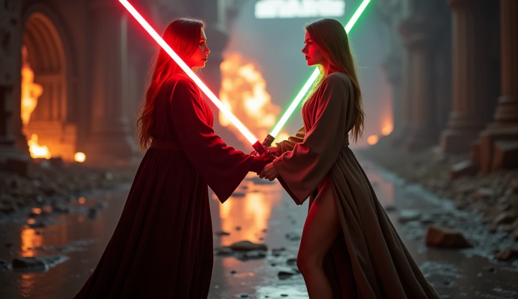 (full body shot:1) photorealistic image of two (standing pose:1) women, ultrarealistic, photography, one with long red hair, woman, 24 years old, hourglass figure, perfect body, seductive look, natural medium breasts, blur background, in complete darkness, she is wearing a sith robe, she is holding a red lightsaber, the lightsaber is the only lightsource, on a dark destroyed spacestation, explosion in the background, long sexy legs, lightsaber battle against a blonde, 30 years old, curvy figure, she is wearing a jedi robe, green lightsaber, side view, crossing lightsabers