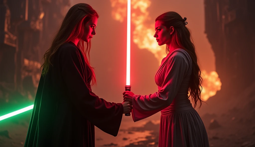 (full body shot:1) photorealistic image of two (standing pose:1) women, ultrarealistic, photography, one with long red hair, woman, 24 years old, hourglass figure, perfect body, seductive look, natural medium breasts, blur background, in complete darkness, she is wearing a sith robe, she is holding a red lightsaber, the lightsaber is the only lightsource, on a dark destroyed spacestation, explosion in the background, long sexy legs, lightsaber battle against a blonde, 30 years old, curvy figure, she is wearing a jedi robe, green lightsaber, side view, crossing lightsabers