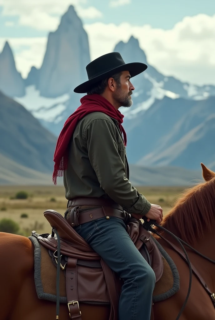 Gaucho on his horse in profile with a black beret and a red scarf around his neck in Torres del Paine