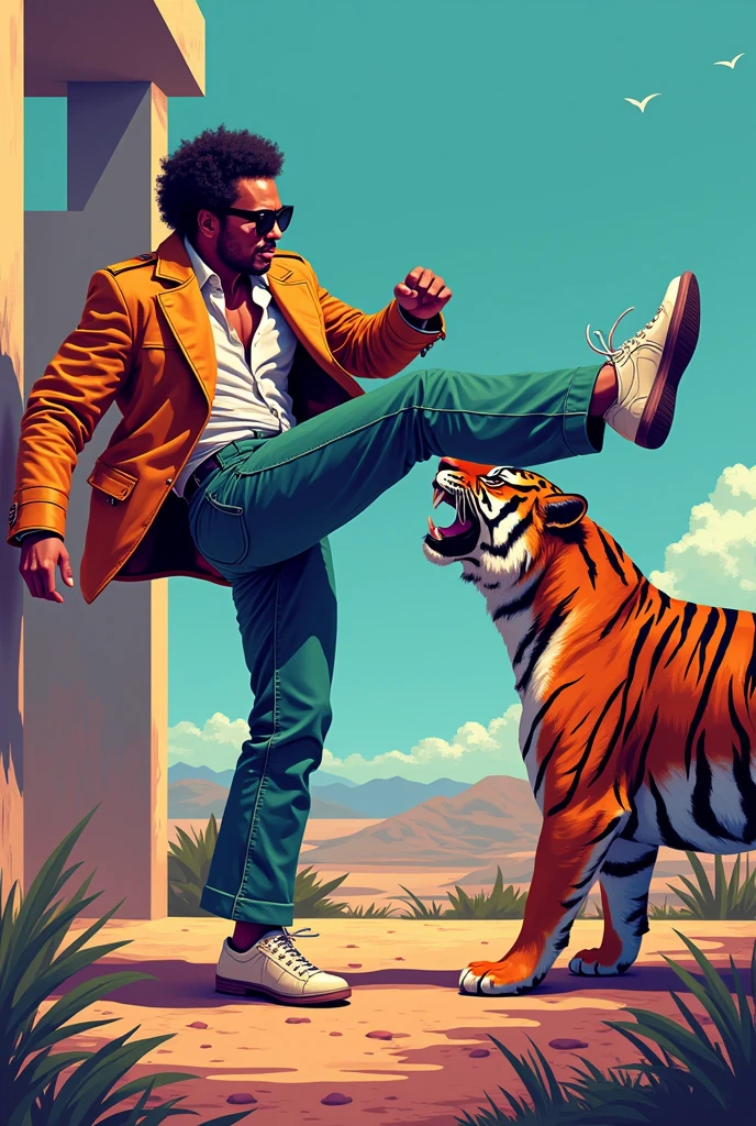 Jorge Ben Jor wearing sunglasses kicking a tiger, pixel