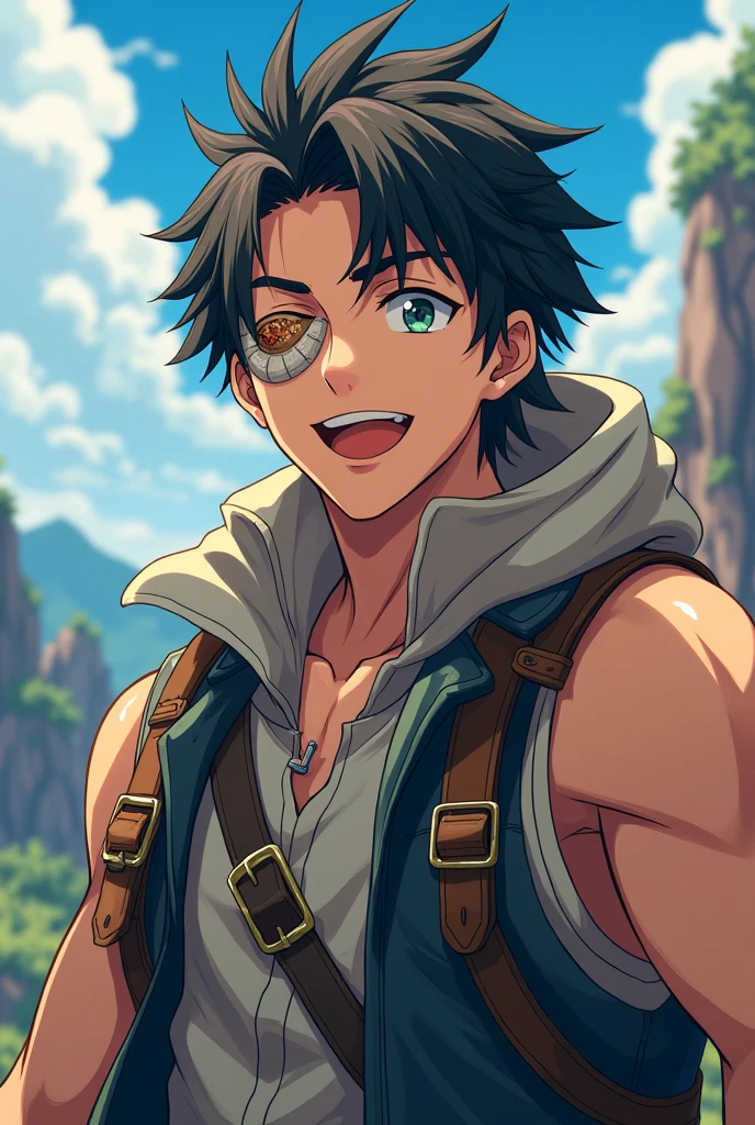 (anime style),male,adventure,(Wound on left eye),kind,courageous,Eyes drooping,smile