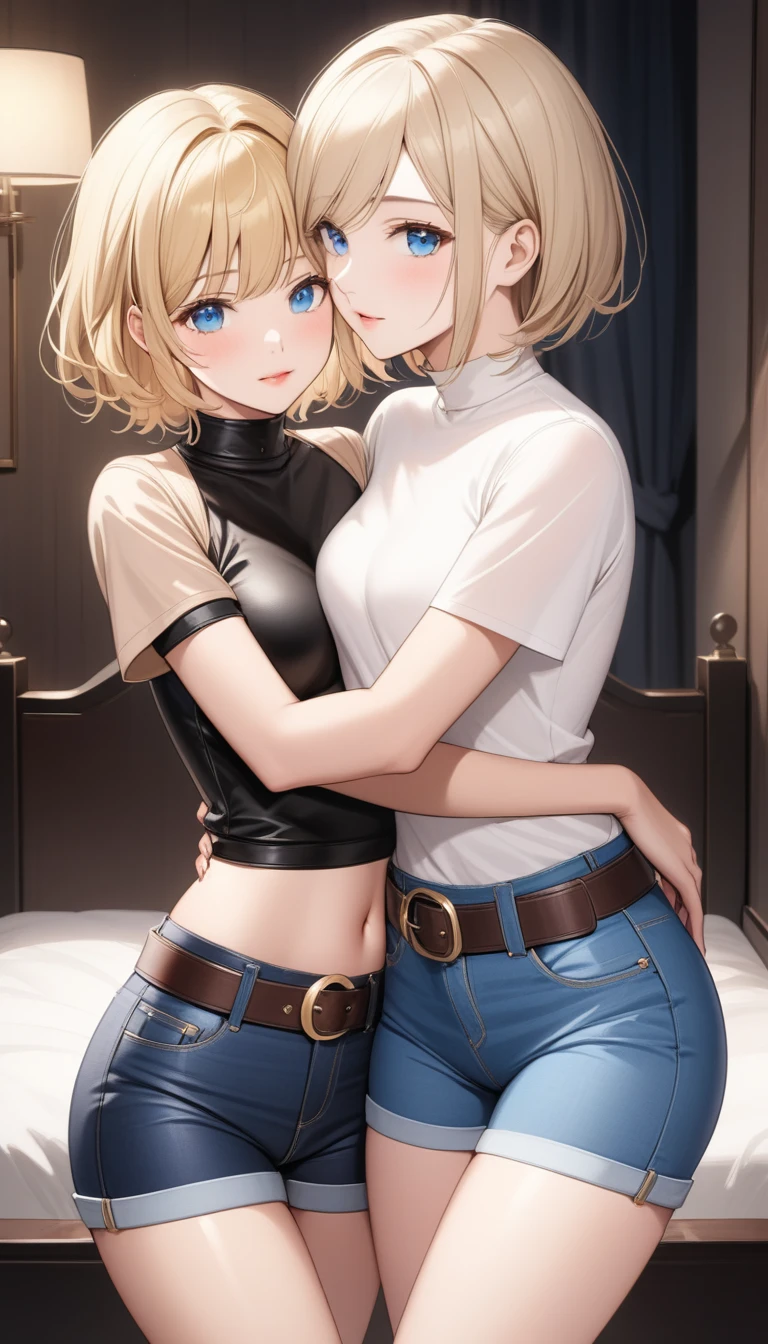 Two beautiful ladies ((lady 1: 35y old mom, with short straight blonde hair, lady 1 with blue eyes and caucasian skin, lady 1 wearing Tight Jean Shorts and Leather Belt, lady 1 Sexy Criss Cross Mock Neck Short Sleeves Black Blouse)), ((lady 2: 13y old daughter, with short straight blonde hair, lady 2 with blue eyes and caucasian skin, lady 2 wearing Tight Jean Shorts and Leather Belt, lady 2 Sexy Criss Cross Mock Neck Short Sleeves Beige Blouse)), luxurious jewelry, 18k gold wedding ring on left hand, standing in their bedroom at night, hugging and kissing each other, (light brown lipstick), (elegant mascara), (slim body), (small breasts), (wide hips), endjourney, <lora:GoodHands-, <lora:GoodLegs-, UHD, high resolution, (expressive eyes, perfect face, full body, expressive face, perfect body, perfect pussy, athletic, fit, slim body, blushing, Perfect makeup, eyeliner, beautiful eyelashes, smiling, horny face), ((best illumination, best shadows)), ((sexy pose)), ((Front pov:1.7))