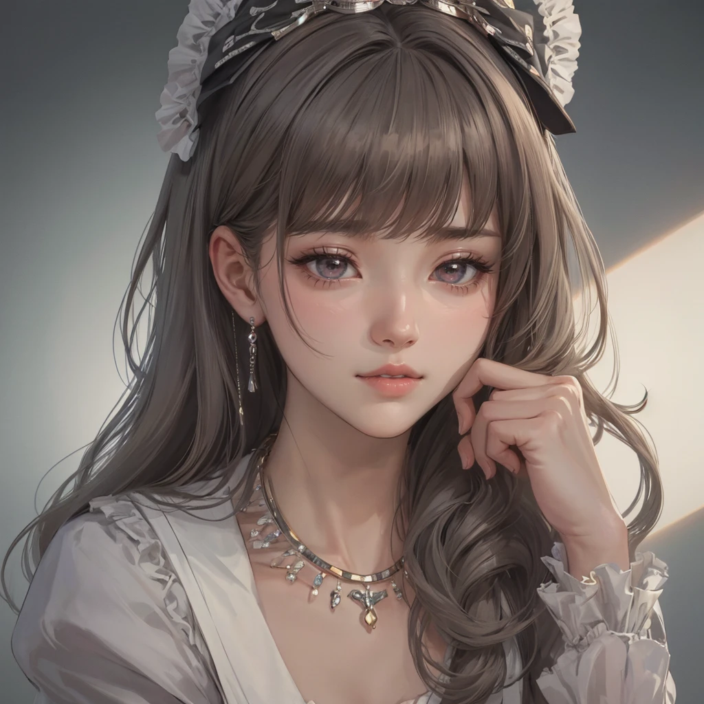 Lovely, ultra-detailed, illustration, complex, detailed, extremely detailed, detailed face, Soft Lighting, Soft Light, Soft Focus, Perfect face, beautiful, Accurate ???????, Overexposure, 8K, 4K, (high resolution:1.1), best quality, (masterpiece:1.3), 1 Girl, Solitary, Jewelry, Brown eyes, Looking at the audience, earrings, Gray hair, Bangs, Necklace, Shut up, portrait, watch, Hair accessories, Simple background, Gray background, Long hair, Headrest, Lips, hair bow, black Necklace, bow, eyelash