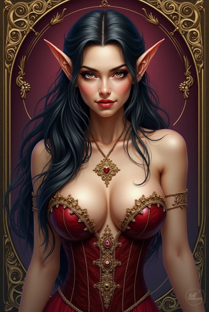 Create a detailed portrait of an elven woman with a seductive and provocative appearance, that reflects his role as a character who works in brothels. The elf must have marked and attractive facial features with a sensual and complicit smile and penetrating and seductive eyes that transmit a feeling of danger and attractiveness.. Your skin should have a smooth and radiant complexion with a subtle glow that enhances your complexion..
Must have long, loose hair of an intense, deep color like jet black., reddish brown or platinum blonde, cascading down the back or styled in loose, voluminous waves. The elf must have a voluptuous and full figure with a body that appears lush and of generous proportions., emphasizing her curves and giving her a strong and striking presence. Your breasts should be large and well defined., accentuated by their revealing and ornate clothing. Your outfit should be elegant and provocative, perhaps a low-cut dress with intricate designs or a corset adorned with jewels and lace, that highlights your curves while maintaining an air of elven grace.
Surround the character with intricate ornamental frames or patterns that reflect a mix of beauty and sensuality.. These may include vines, Floral motifs and delicate, swirling lines add to the overall appeal of the image.. The background may suggest a luxurious and exotic setting., with intense and dark tones like deep purples, Golds and reds that evoke the atmosphere of a high-class brothel.
The overall style should emphasize a balance between elegance and sensuality., Capturing the essence of a character that is both captivating and mysterious, with a powerful and seductive presence