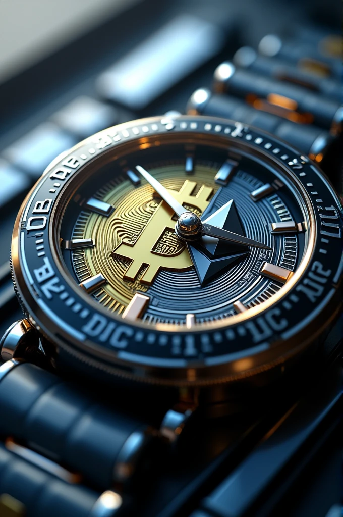 The Bitcoin and Ethereum logos are combined in the center of the watch.、Illustration of a clock running slow