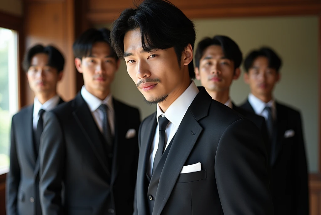 Six elegantly dressed Japanese men captured in natural light with serene expressions、It shows his inner peace and outer charm.。