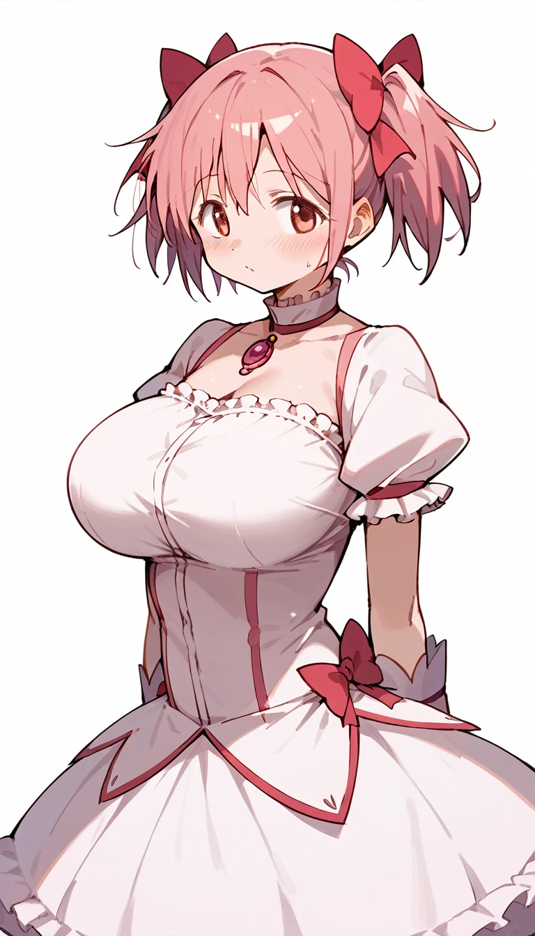 (masterpiece), best quality, white background, 1girl, huge breasts, pink hair, madoka \(Puella Magi Madoka Magica\), short twintails, magical girl, standing, 