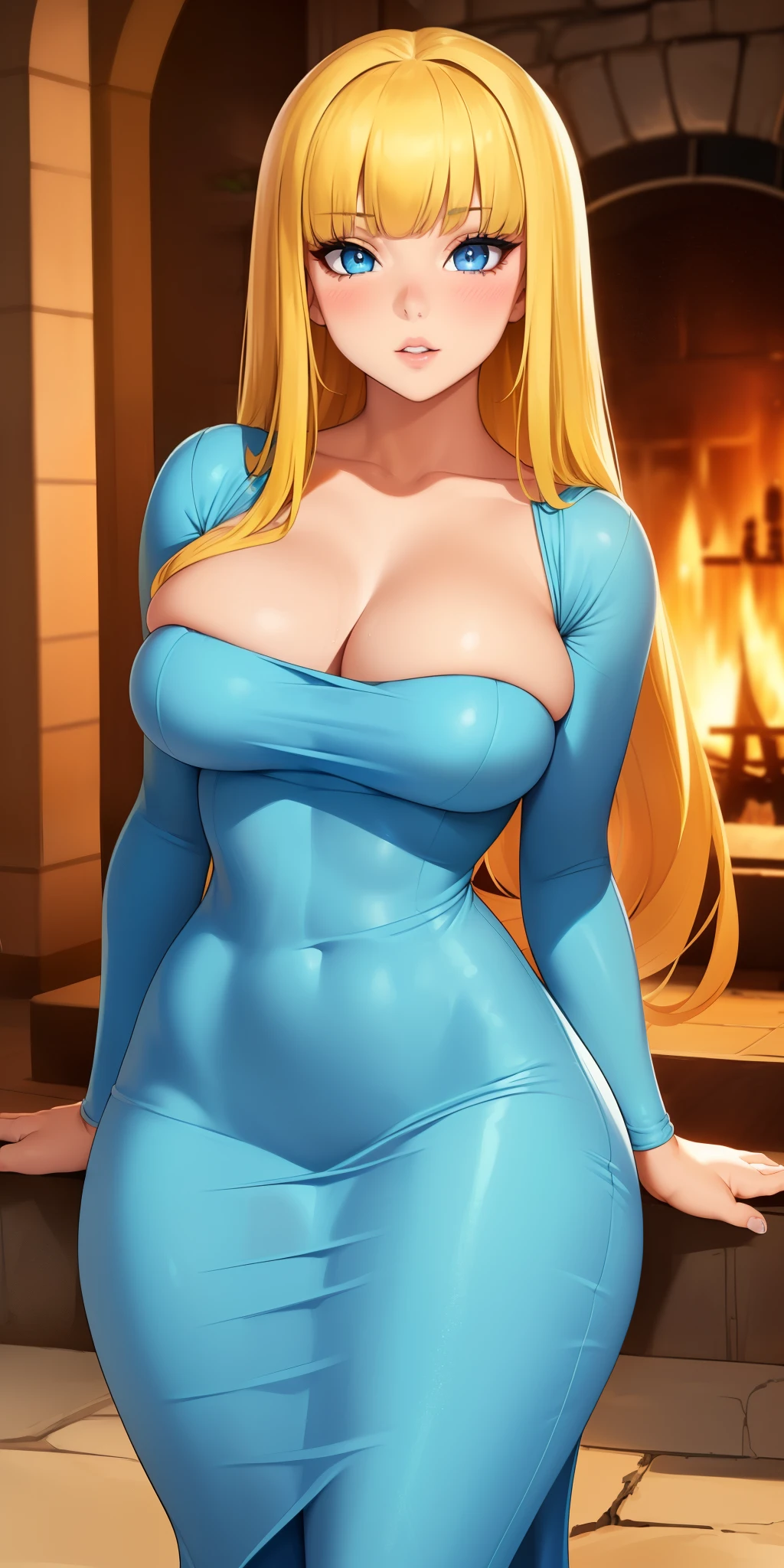 medium firm breasts, busty beautiful ((1cute and beautiful girl, blue eyes)), (( long yellow hair with bangs))extremely sexy body, (beautiful wide strap dress)), ((cosplay)), parted lips, blush, (looking at viewer), near the fireplace, sensual pose in beautiful dress