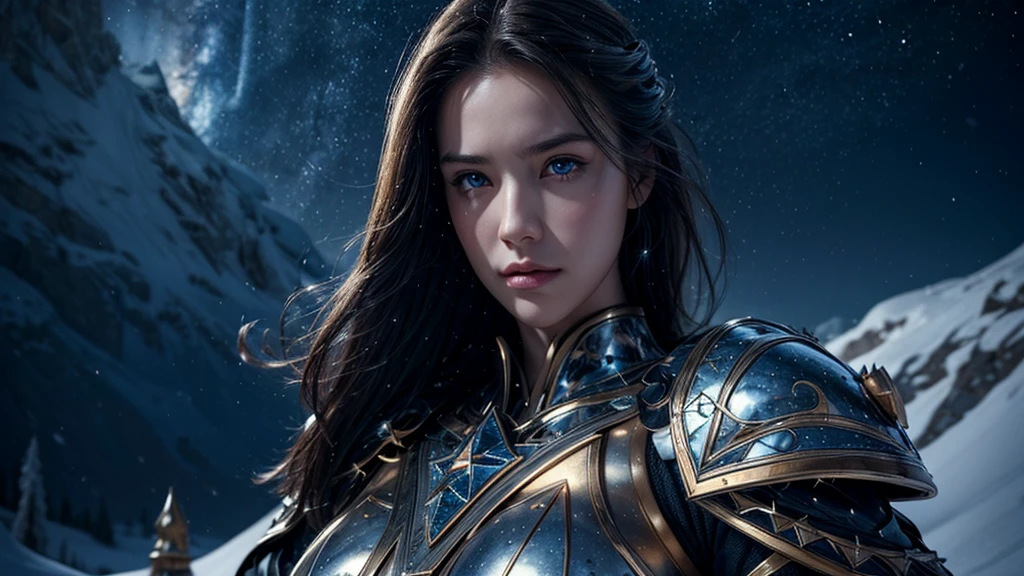 masterpiece, rest, best quality, Very detailed, Super real, 16K, high resolution, Snow Castle, ((Starry Sky)),Female Warrior,Gorgeous armor,Complex Mode,Pretty Face,Closed mouth,dramatic,Medium shot,Glowing eyes,Large Breasts