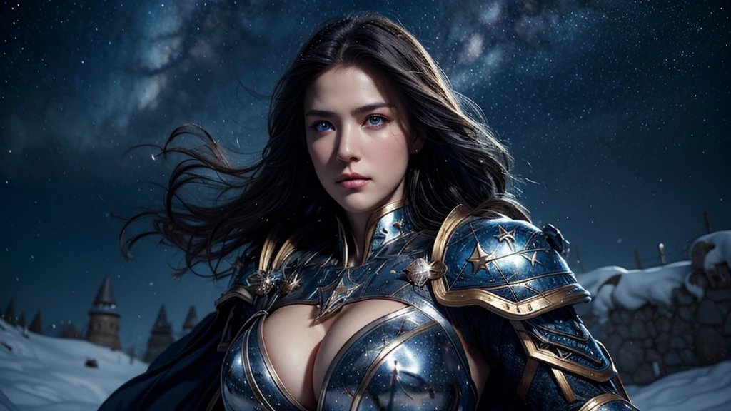 masterpiece, rest, best quality, Very detailed, Super real, 16K, high resolution, Snow Castle, ((Starry Sky)),Female Warrior,Gorgeous armor,Complex Mode,Pretty Face,Closed mouth,dramatic,Medium and long range lenses,Glowing eyes,Large Breasts