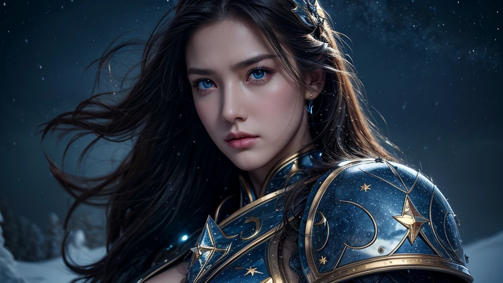 masterpiece, rest, best quality, Very detailed, Super real, 16K, high resolution, castle，snow, ((Starry Sky)),Female Warrior，Gorgeous armor，Complex Mode，Pretty Face，Closed mouth，dramatic，Mid-range photos，Glowing glasses，Large Breasts
