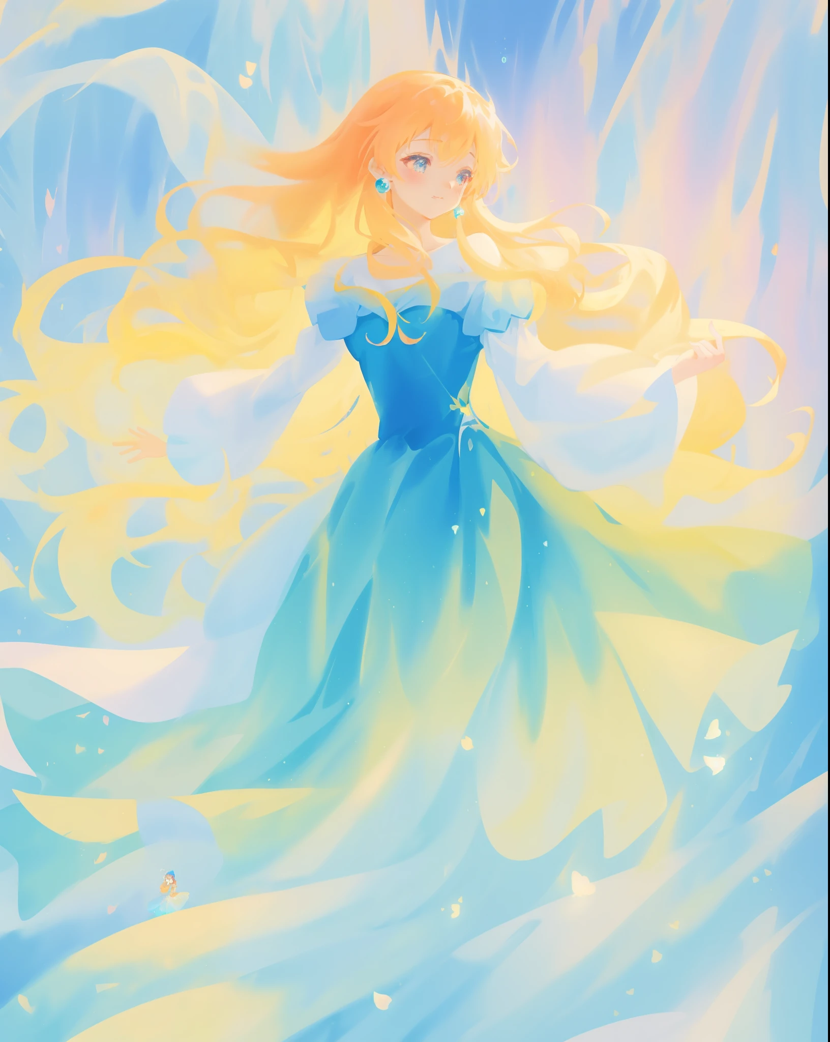 beautiful girl in a gradient blue princess ballgown with puffy long sleeves, long flowing gold peach hair, liquid theme, colorful fantasia background, watercolor illustration, disney art style, beautiful digital illustration, beautiful, masterpiece, best quality, anime disney style, beautiful face
