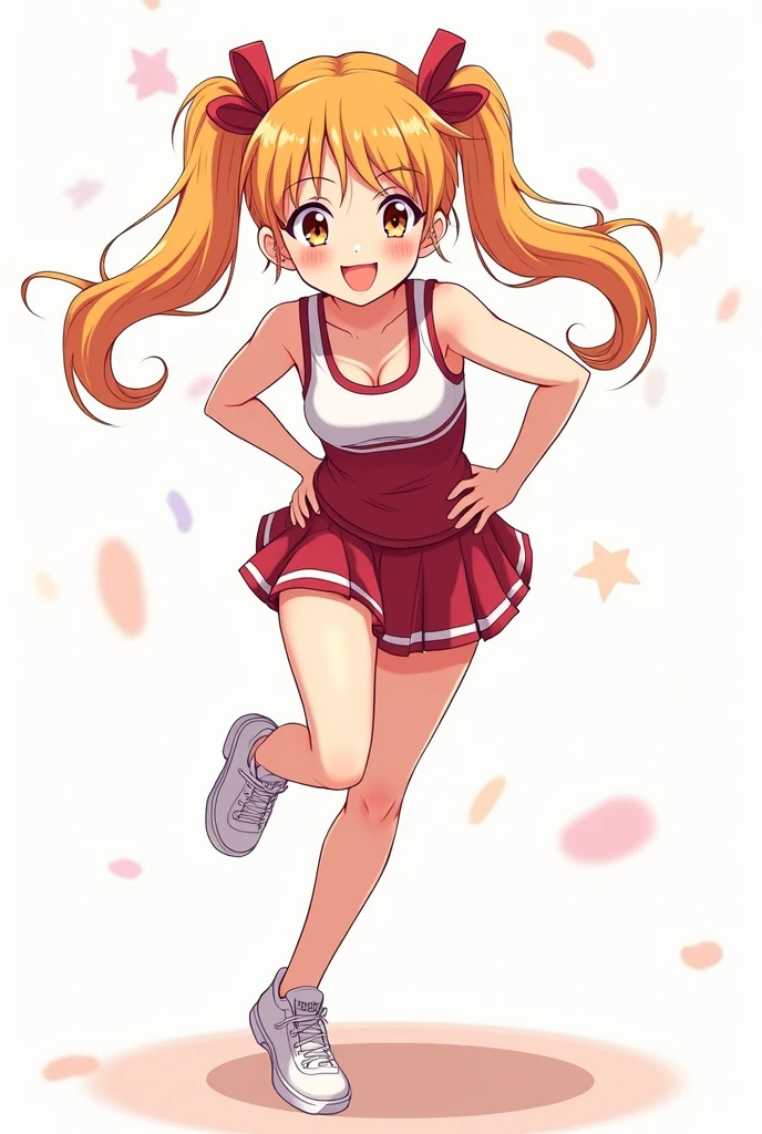 Beautiful anime girl Has long light brown hair Green eyes She is a cheerleader She has cheerleading clothes a loose crop top and a skirt A little small both are orange with white She has bangs 