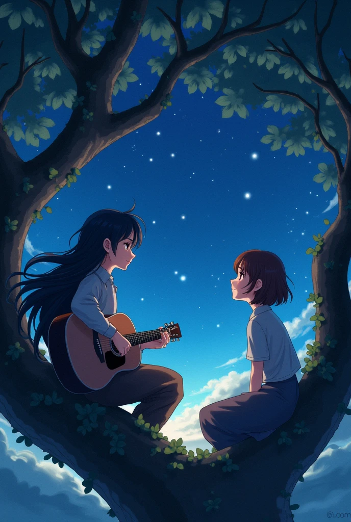 A young man with his guitar with very very long hair dressed in black playing guitar in a tree under the starry sky and at the other end of the tree a girl dressed in grey with short hair, she is the girl with brown hair and medium length that is the same height as the young man looking attentively at the young man (anime version)