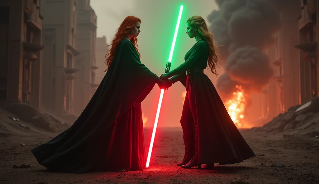 (full body shot:1) photorealistic image of two (standing pose:1) women, ultrarealistic, photography, one with long red hair, woman, 24 years old, hourglass figure, perfect body, seductive look, natural medium breasts, blur background, in complete darkness, she is wearing a sith robe, she is holding a red lightsaber, the lightsaber is the only lightsource, on a dark destroyed spacestation, explosion in the background, long sexy legs, lightsaber battle against a blonde, 30 years old, curvy figure, she is wearing a jedi robe, green lightsaber, side view, crossing lightsabersin a battle, sparks are flying