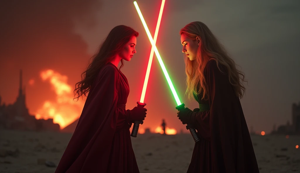 (full body shot:1) photorealistic image of two (standing pose:1) women, ultrarealistic, photography, one with long red hair, woman, 24 years old, hourglass figure, perfect body, seductive look, natural medium breasts, blur background, in complete darkness, she is wearing a sith robe, she is holding a red lightsaber, the lightsaber is the only lightsource, on a dark destroyed spacestation, explosion in the background, long sexy legs, lightsaber battle against a blonde, 30 years old, curvy figure, she is wearing a jedi robe, green lightsaber, side view, crossing lightsabersin a battle, sparks are flying