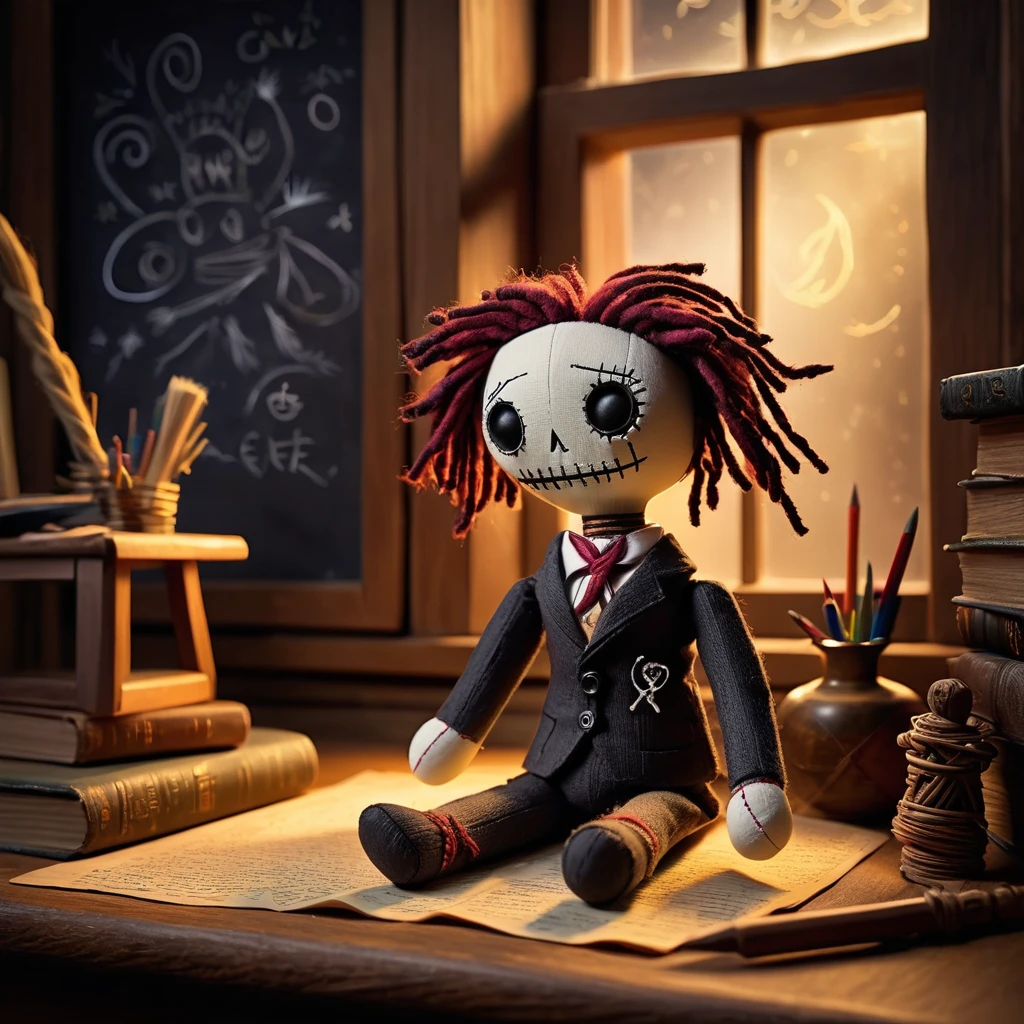 (knitted toy voodoo doll:1.7), (Voodoo Doll in a Death Note Setting:1.3), (Clothing:  with a dark twist:1.0), (Accessories: enchanted notebook emitting a sinister glow, floating shinigami:1.1), (background: eerie urban setting with shadowy corners, chilling notes, and an atmosphere of psychological suspense:1.2), best quality, masterpiece, detailed soft oil painting, detailed background, dramatic cinematic lighting, soft edge lighting, professional, dramatic lighting, hard edge lighting, ultra quality, 4k, masterpiece, best quality, 8k, ultra high definition, high resolution, extremely detailed
