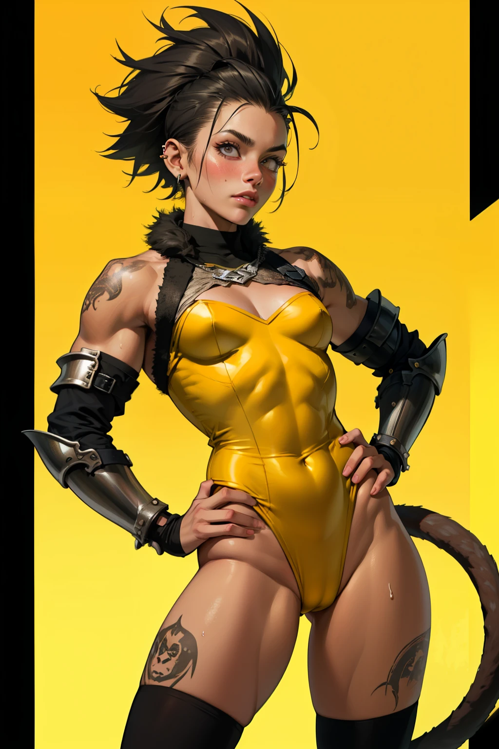 (high resolution, pixel perfect, gorgeous illustrations), (hyper quality, muste piece, etheric: 1.4), ((nsfw)), (((cowboy shot))), face focus, ((solo)), (((Androgynous, boyish))), (((sun_wukong, Monkey girl))), (((((punk))))), hot Rocker punk girl, ((((hand on hip, open stance)))), cool atmosphere, black hair, ((((very_short_hair, slicked_back_hair)))), ((((piercing)))), eyelid_piercing, nose_piercing, (((Exquisite face, aroused))), blush, tattoo, ((((muscular_female)))), (ideal ratio body proportions, slender, small breasts), fighter, ((((very hairy, monkey's tail)))), (((highleg_leotard_armor))), (((cameltoe))), sweat, shiny skin, gleaming skin, simple background,