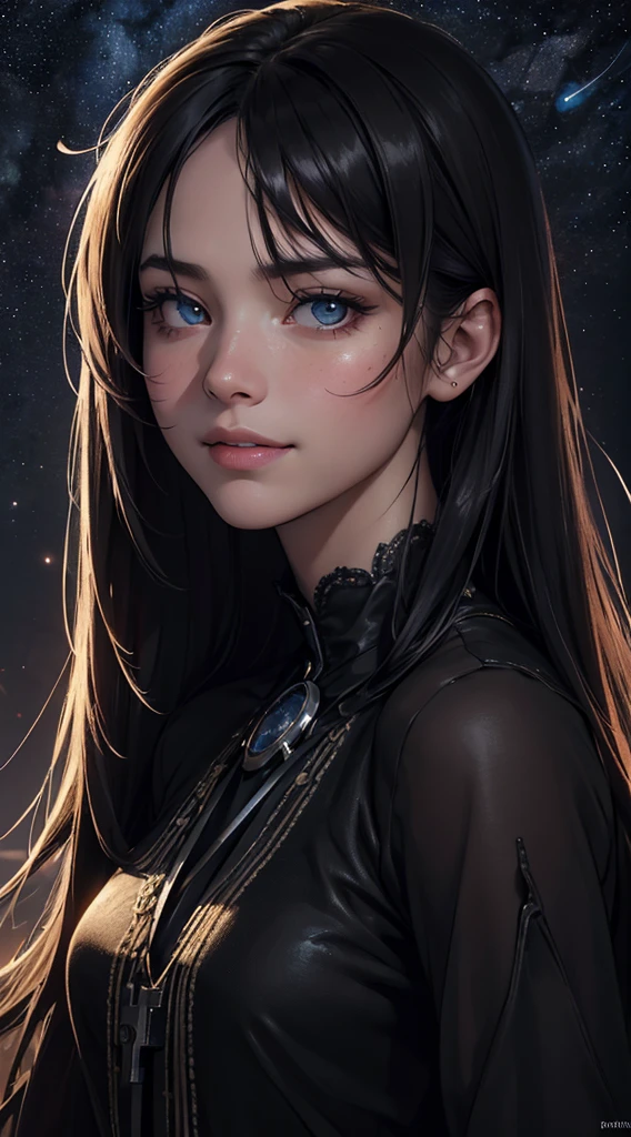 highest quality, epic realistic, ((in the pitch black darkness :1.4)), ((portrait:1.5)),(background: dark ) high contrast ,glorious picture, lowest lux, lighting face, she's comfortable, dark plain shirt, looks incredible, (8k, Raw photo, Highest quality),(epic realistic:1.5), a woman, face,(detailed eyes:0.8),(looking at the camera:1.4), (Highest quality), ( high contrast, deep shadows),Intricate details,cinematic,((skin:1.4)), (long dark hair:1.3), long hair, messy ,(Hdr:1.5),Detailed, colors, Superior quality, ( starry sky: 1.4), Masterpiece, Raw Photo (20-year-old, looking at viewer), beautiful, (wearing dark shirt,), perfect, natural, perfect composition, portrait, perfect face, smiling expression, Captivating eyes, Bright details, Tight lips, (High Skin Detail),, (blue tint: 0.6), (sale: 0.8), (bloody: 0.7), Key lighting , (backlight: 0.5), Medium depth of field, Canon 5d, 50mm lens, f/4 apertures, (Ultra-detailed, Complex detail), sharp focus, soft colors, 8k, Absurd, 80mm, dark background, photography, smiling, pinay, filipina, small