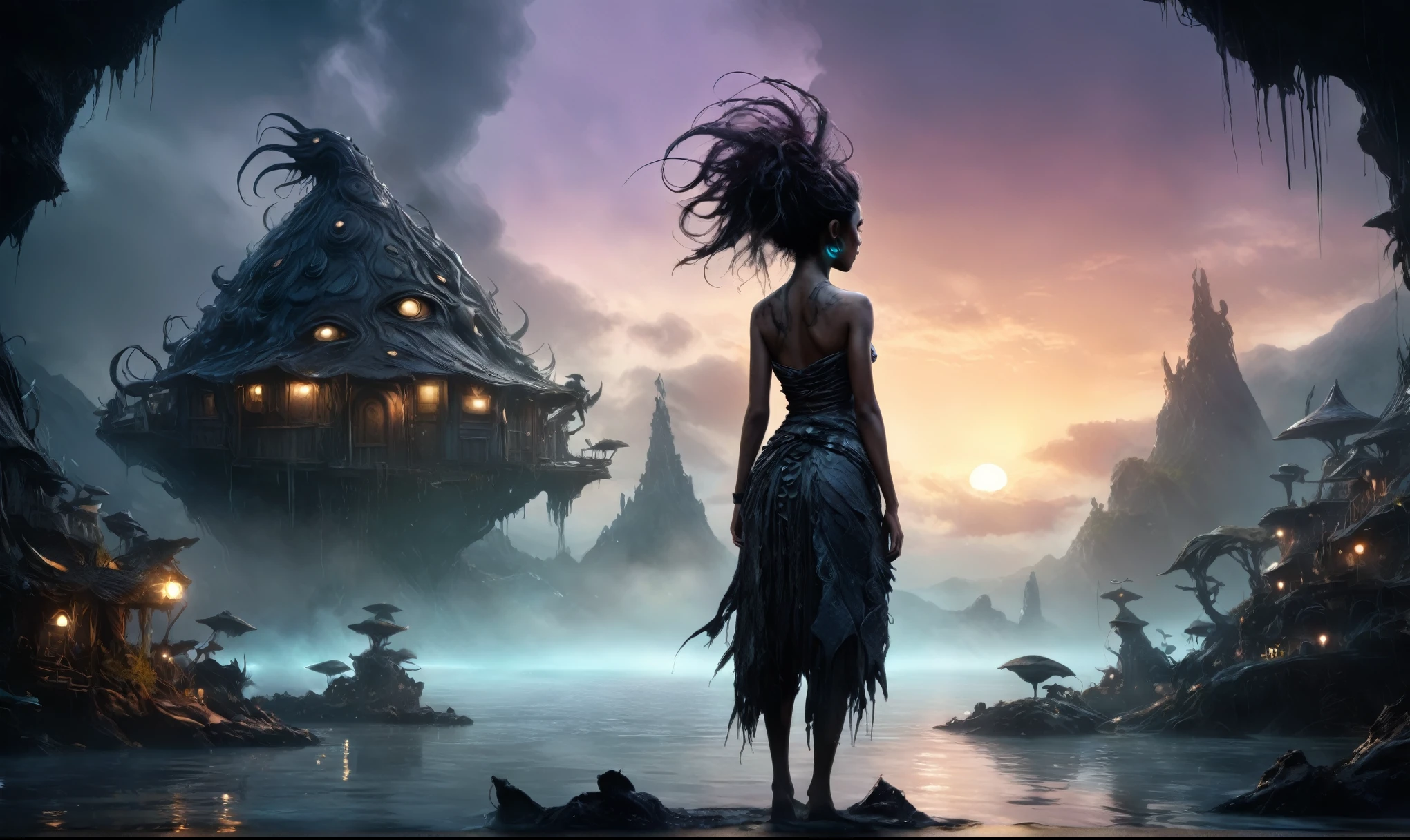 view from height,full-body-shot,obsidian The Alien Entity Moana, sassiness temper,natural snakefish's leather textures, hyper realisitc, hyper detailed,Extremely detailed,High contrast, ,Realistic,Ultra Detailed,intricate details,realistic humid skin,extremely intricate,Epic Realistic, Romantic, cinematic style,irina yermolova, messy hair,orc's village of fishers,full body length,mother-of-marble,ominous landscape,floating islands on background in dangerous atmosphere,sunset, a Tim Burton-inspired dreamscape,Bun Hair,(Folk clothes:1.5),full body length,niobium goblin,native africa xenomorph,once pretty face,eyebrow up,full body shot,ominous landscape,niobium gray atmosphere,photo,photorealism,Masterpiece,hyper natural skin textures, hyper realism,hyper detailed,High contrast,Realism,Ultra Detailed,irina yermolova,close full body shot,32K resolution,Nikon Z9, ,demonic, fog, smoke, audience, mist, featuring ultra-realistic and hyper-realistic elements, Marta Bevacqua, Ellen Jewett, Kawacy, Katsuya Terada, Carne Griffiths,concert lighting, bokeh, luminal space that feels both bright and surreal. Includes liquid fluid elements for added depth and movement. Rendered in an unreal engine and post-processed to achieve . Evokes a sense of dreamy, ethereal and mystical mood,horror pixar movie still,thriller disney movie ,pixar render, animated ,suicide,psychiatric clinic insane