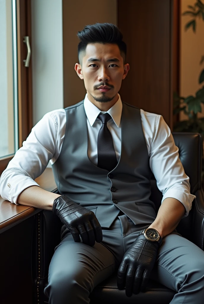 Chinese man 30 ayears old,daddy,"shiny ",wear white shirt, very glossy pants, necktie, waistcoat, shiny satin trousers,dark gray satin fabric ,Dad sitting a motobike, k hd,in the office,"big muscle" ,black hair,asia face,masculine,strong man,the boss is,handsome,,leather gloves,lecherous dad,look straight ahead,dad is handsome,dad is handsome, dad is "big horny daddy",