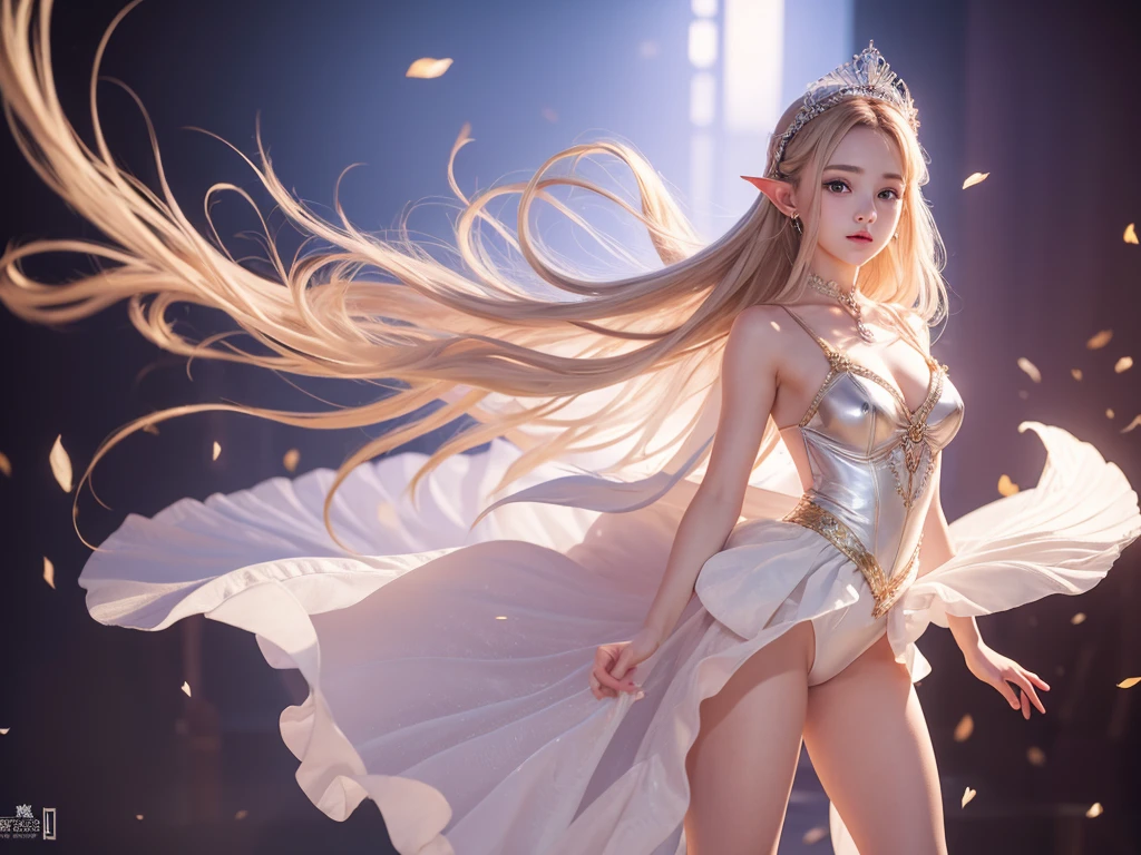 High resolution、High level image quality、16K、real live action、Raw photo、highest quality、masterpiece、23 year old elf girl、ballerina、unparalleled beauty、leotard、Wearing a tiara on your head、young face、(((beautiful girl)))、Dancing on stage、Swan Lake、long pointed ears