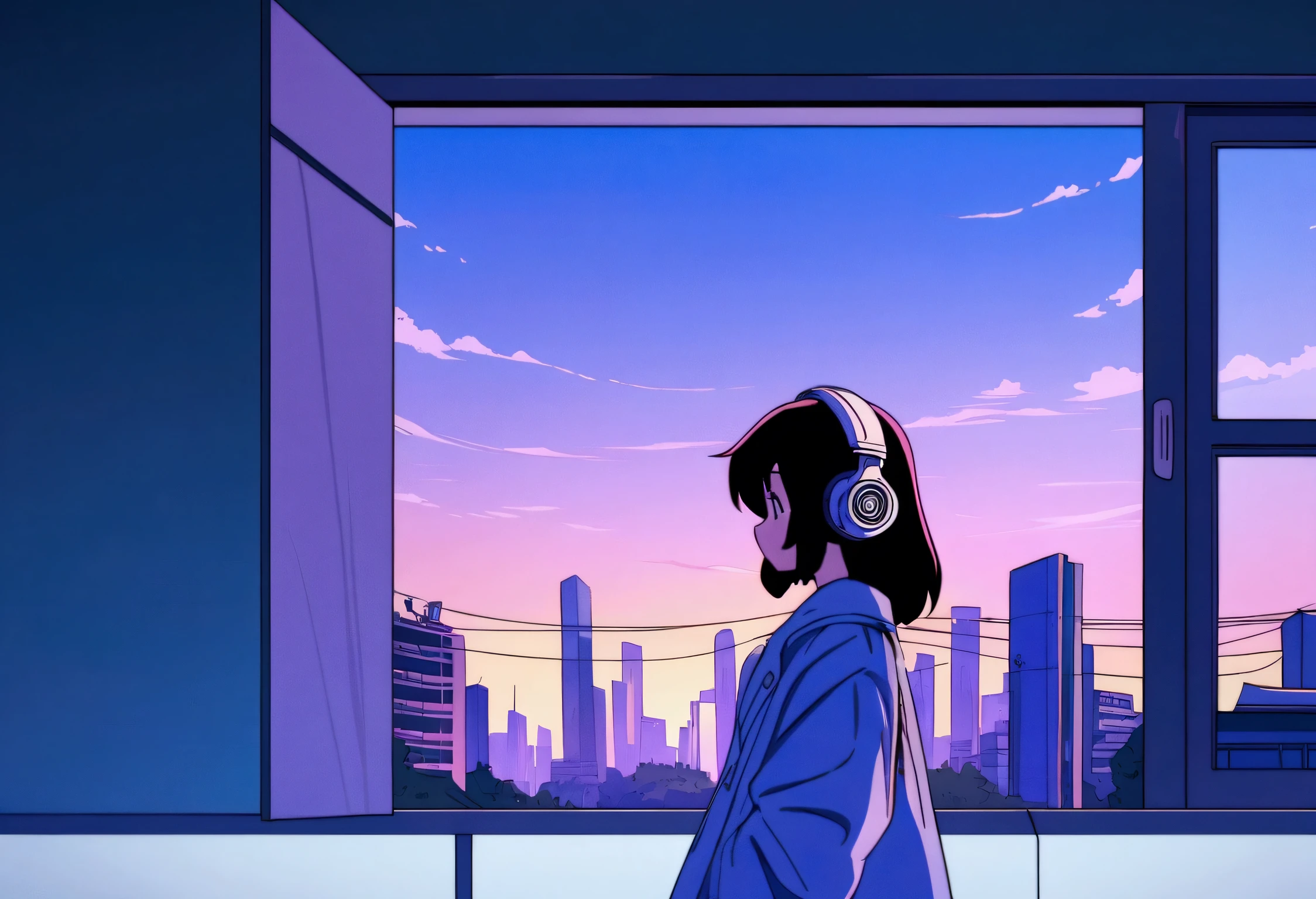 Anime girl wearing headphones looking out the window at the city, Lo-fi Girl, Anime atmosphere, Lofi Artstyle, Anime Style 4k, Anime Aesthetics, Nightcore, Lo-fi feeling, Lofi Art, anime art wallpaper 4k, anime art wallpaper 4k, anime wallpaper 4k, anime wallpaper 4k, An atmosphere of praise, Kaisei and Artgelm