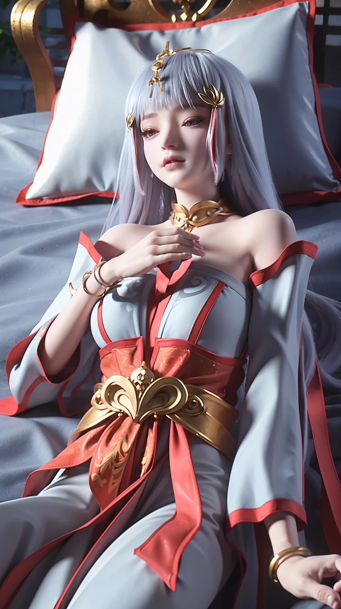 一个女孩Lying in bed,Face up,Raise your legs slightly,Front view super detailed beautiful big breasted girl 16 years old. Ultra HD, 4K, 8K, Movie,whole body,Lying down,Long legs,Very big breasts,whole body捕捉,(((Lying in bed))),(((whole bodyLying in bed))),big bed,Off-shoulder,Shoulder to shoulder,Lying in bed,Sleeping on the pillow,Lying down,Headrest pillows