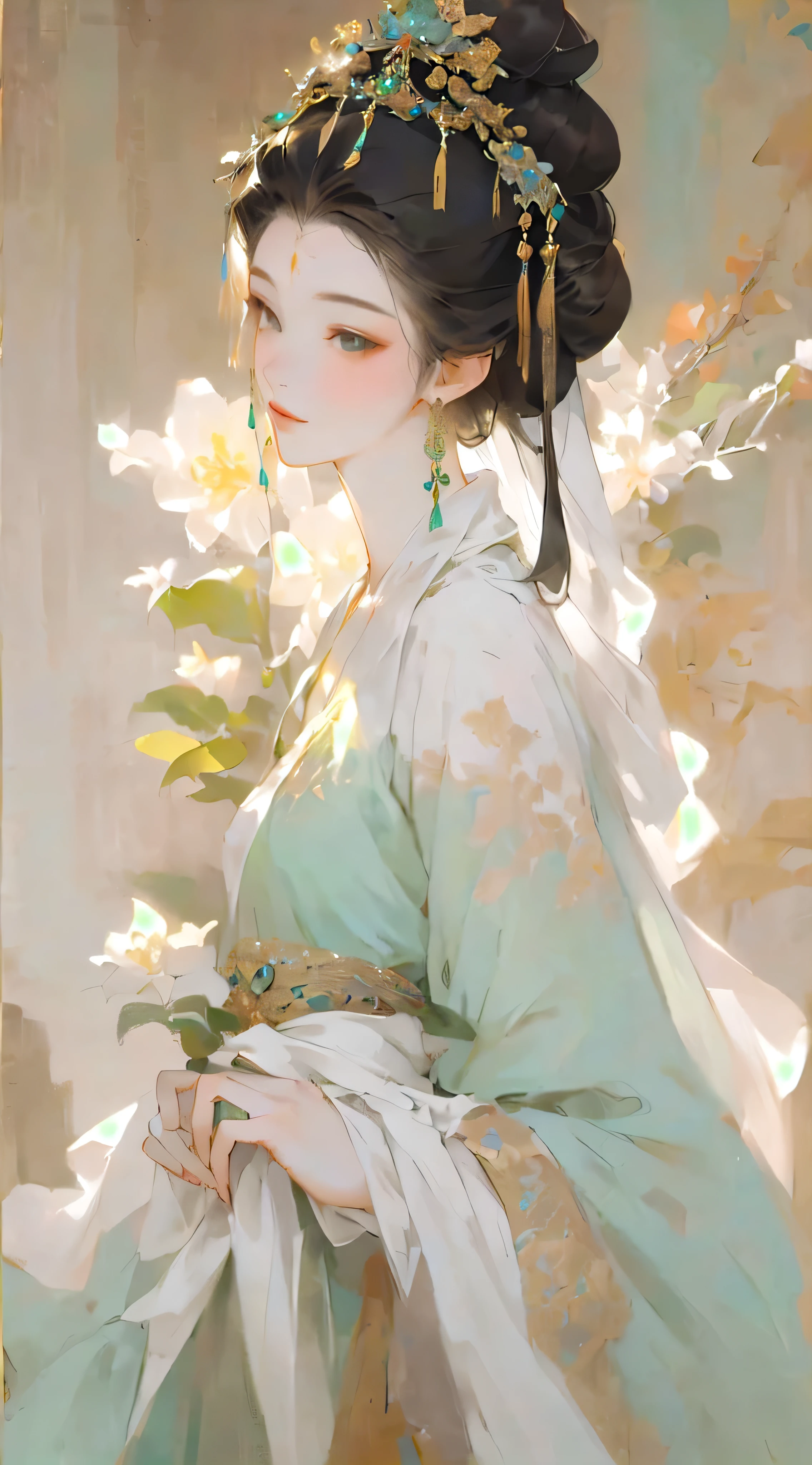 The painting shows a woman wearing a green dress、Woman holding flowers, palace , Girl wearing Hanfu