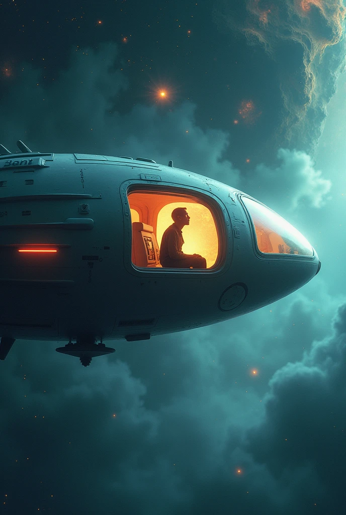 Alien spaceship with a person sitting inside the open window with space and planets in the background 