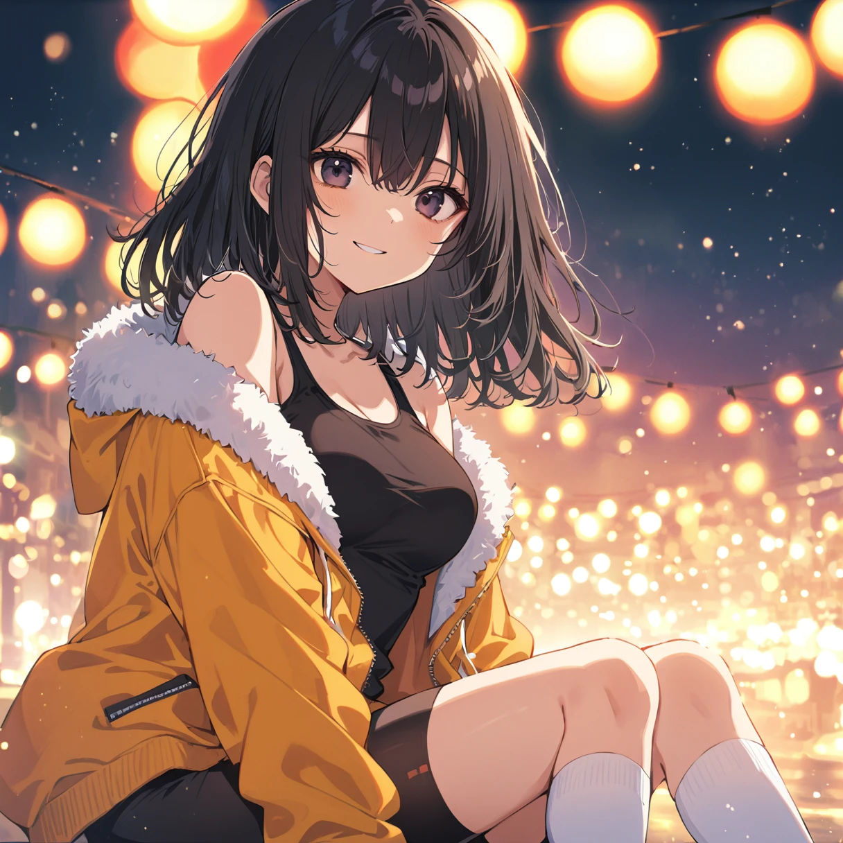 girl tired, bike shorts, white socks, (wearning off-shoulder white top, black tank top underneath, open hoodie grey), black hair, shoes, light black eyes, smile, bags under eyes, hollow eyes, hair between eyes, tired, tired eyes, baggy eyes, medium hair, wavy fluffy hair, medium length hair, medium hai white socks and lines yellow, hair wolfcut, black eyes, cold smile, beatufiul background, smile, emotionless, pretty, medium breasts