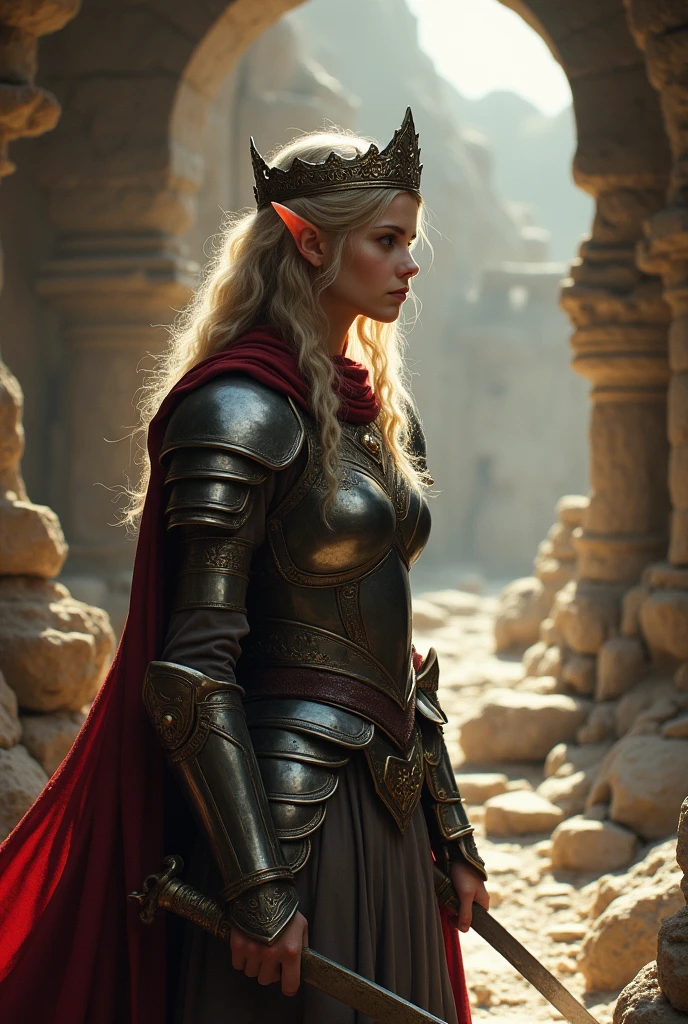(high definition) 1 Girl, alone, elf girl in armor, elven girl, elf, armor, and medieval clothing, a crown in the cave, cape, ancient Greek ruins,
