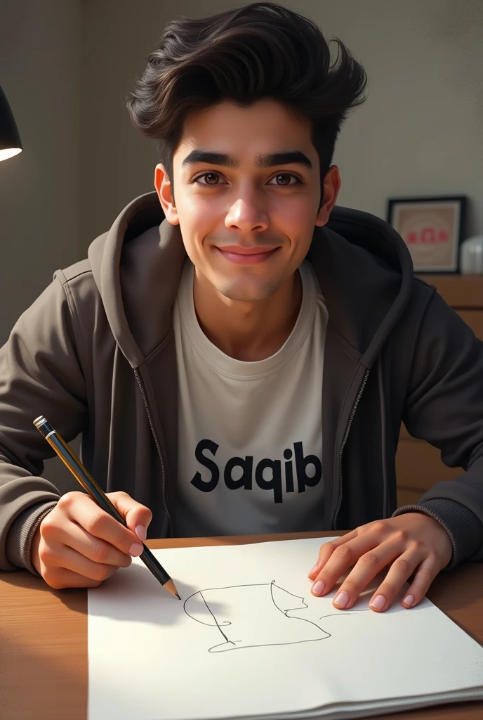 A Realistic 25 year old handsome and cute Indian boy realistic drawing a blank paper is located on the table, the paper is white. on the paper is a picture of boy wearing a t-shirt hoodie, there is the name “Saqib” write on the hoodies. Beside the paper there is hand holding a pencil. Ultra realistic picturem very beautiful photo, hyperealistic photo.