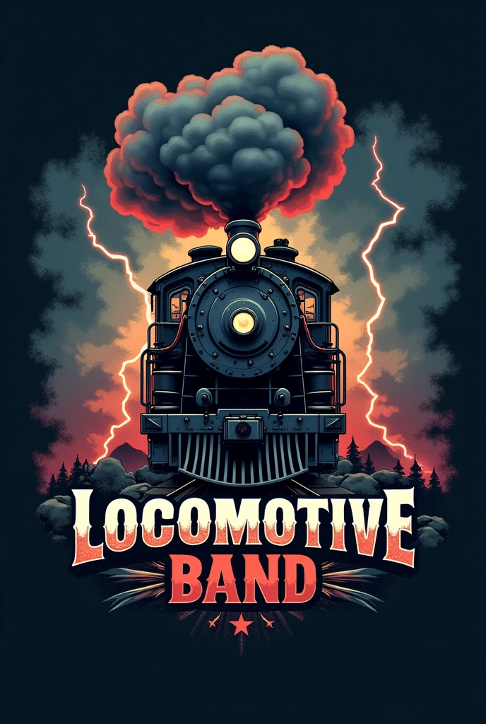 Logo of a locomotive for a rock band with a cloudy sky and the locomotive coming out of the pipe with smoke. Something like the band ACDC and underneath it says locomotive band., something very rock n roll and dark and maybe with lightning in the sky 