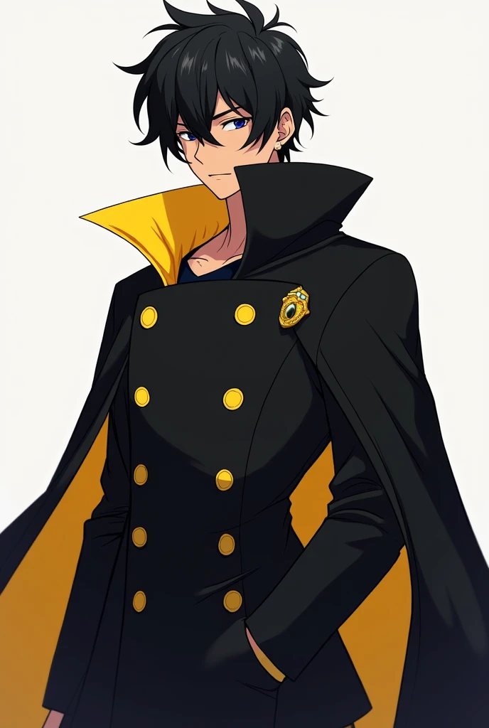 male character, with dark skin tones, black overcoat with yellow details used as a cape, his hair is black and he is a 19 year old boy