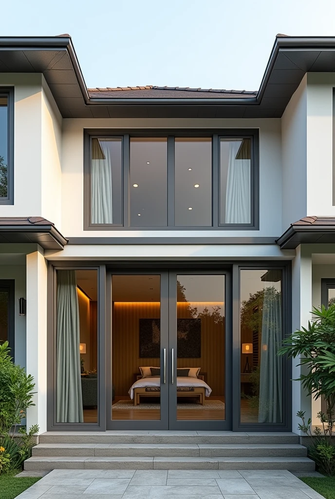 The front of a 16-meter house, This is divided into 3 parts, The two sides are 5 meters with a window with windows in the middle, The middle part is 3 meters deep and 6 meters long., This middle part has a double door with screens around it