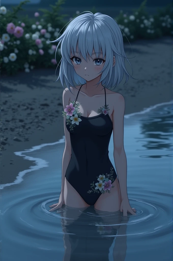 Screenshot of my hero academy, girl with white hair and gray eyes with dark circles, She is wearing a black swimsuit, It is in the water and has flowers adorning it, In the background there is a beach and it is nighttime