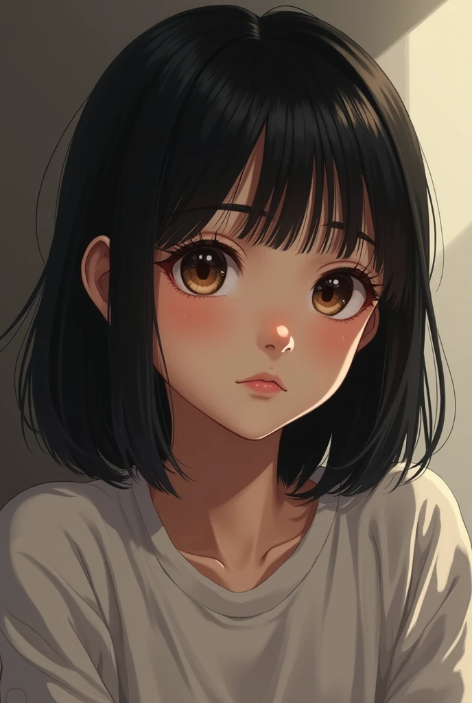 girl, have straight, shoulder length, black hair. big, almond, dark brown eyes. round face, thick eyebrows, short eyelash, big nose, thin mouth, neutral skin tone