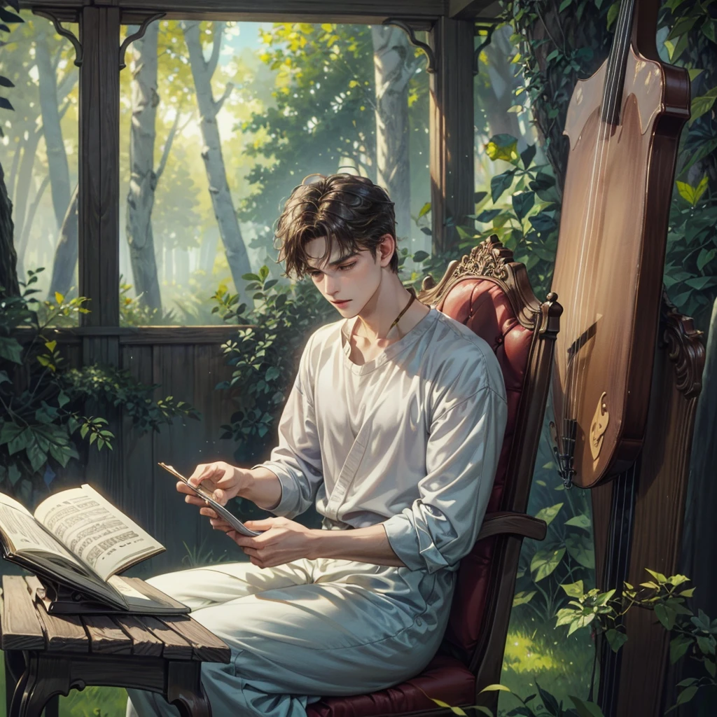 ((Best quality)), ((masterpiece)), (detailed), ((perfect face)), ((halfbody)) handsome young artist, engaging in various activities within his cozy home nestled in a serene forest. Capture moments of his daily life, such as painting, reading, playing a musical instrument, or enjoying a cup of tea, as he explores his creativity and self-discovery, all while surrounded by the warmth and comfort of his sanctuary