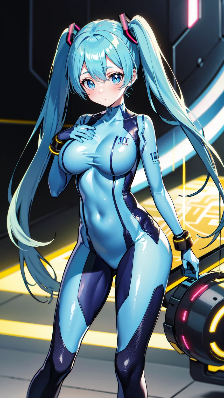masterpiece, Hatsune Miku Vocaloid, Twin tails, Bright Blue Eyes, Light blue hair, ((Pichi Pichi body suit)), cyber punk, ((The ultimate in toned physique)), Beautiful Eyes, ((Big Breasts)), 8k CG, Highest quality, Best image quality,