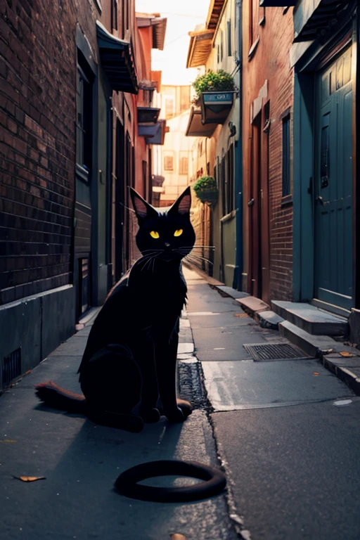 A black cat is sitting on the sidewalk of an alley, Line art
