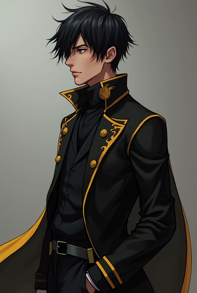 male character, with dark skin tones, black overcoat with yellow details used as a cape, his hair is black and he is a 19 year old boy