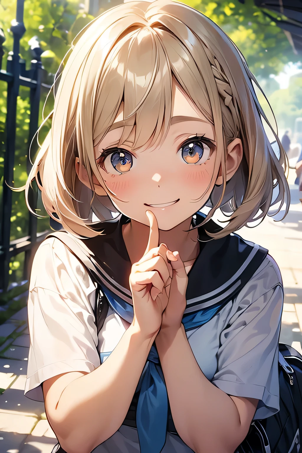 Highest quality、High resolution、Detailed Background、(Beautiful face in every detail:1.4)、Anatomically correct、(Normal number of fingers:1.2)、Highly detailed face、Detailed eyes、age beauty、Perfect body line、Light color hair、Bobcut、ponytail、Twin tails、well-groomed eyebrows、cute gesture、Fun atmosphere、School field trip、A big smile、smile、

Visiting museums with friends and exploring in nature、Enjoying a new experience、
The excitement builds as we eat our lunches.、Excited appearance、cute