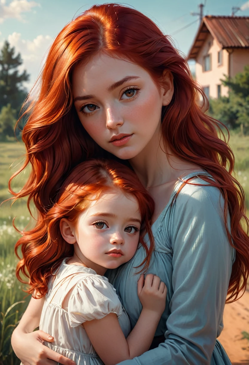 There is a woman holding a on her shoulders, a photo of irakli nadar, tumblr, Digital art, with a girl, Hermosa photo, emotional image, redhead girl, alena aenami and lilia alvarado, beautiful realistic photo, beautiful, Absolutely exceptional image, very beautiful photo, (Digital art), maternal, young and cute