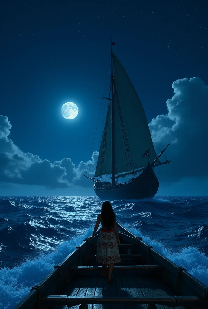 A background of Moana on her ancestors' big boat at sea with the waves moving, at night, with Moana very close to the lower right corner, with the perspective of the rear and with the starry sky with a greater focus on the sea and the sky