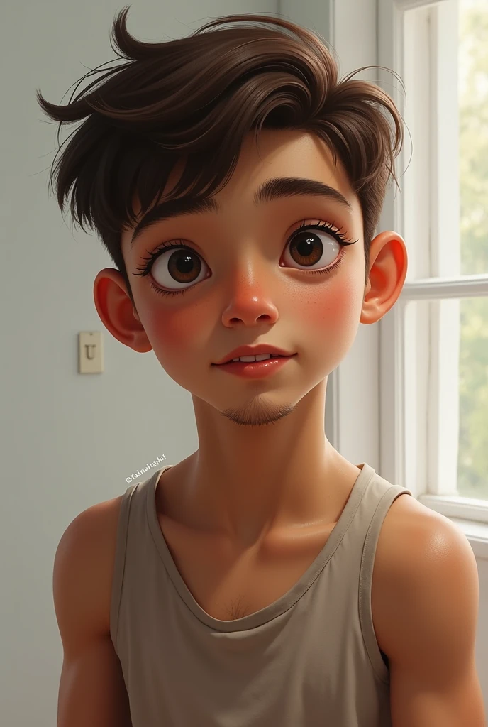 Make A boys short hair round face small eyes short eyelashes thick eyebrows wide nose small mouth straight teeth brown skin tone stubble facial hair 230 pounds with small muscle in hand 5, 54 feet