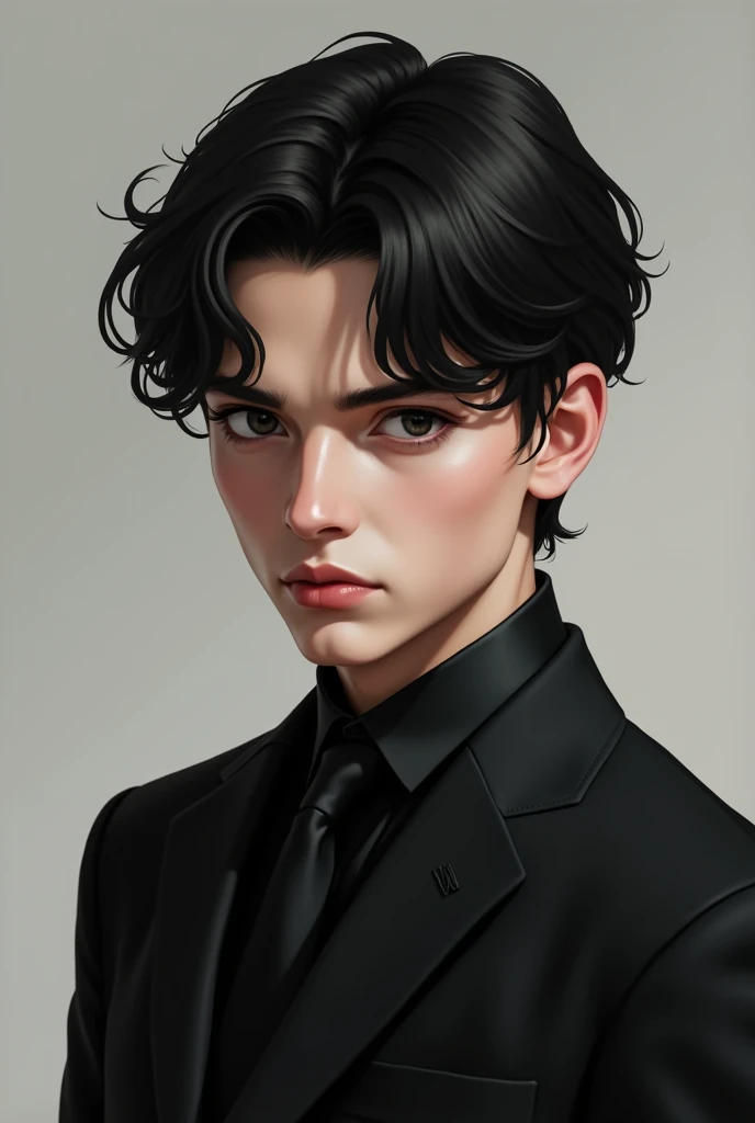 boy with dark black hair and dark black eyes, he has a black suit on and a masculine face, best quality masterpiece, 16k