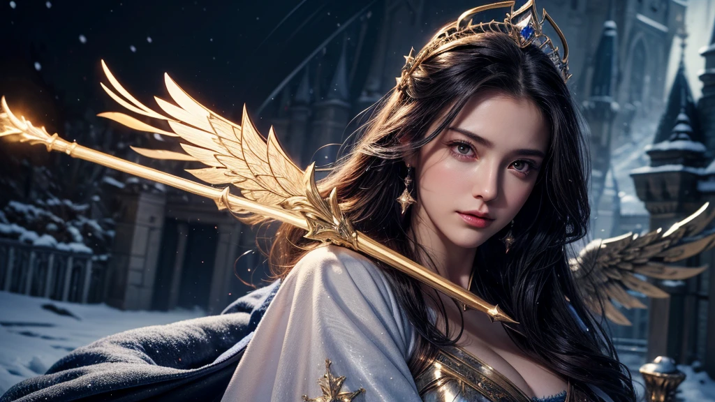 masterpiece, rest, best quality, Very detailed, Super real, 16K, high resolution, castle,snow, ((Starry Sky)),Female Mage,Gorgeous robe,Complex Mode,Pretty Face,Closed mouth,dramatic,Upper Body,Glowing scepter,Black Wings,Large Breasts