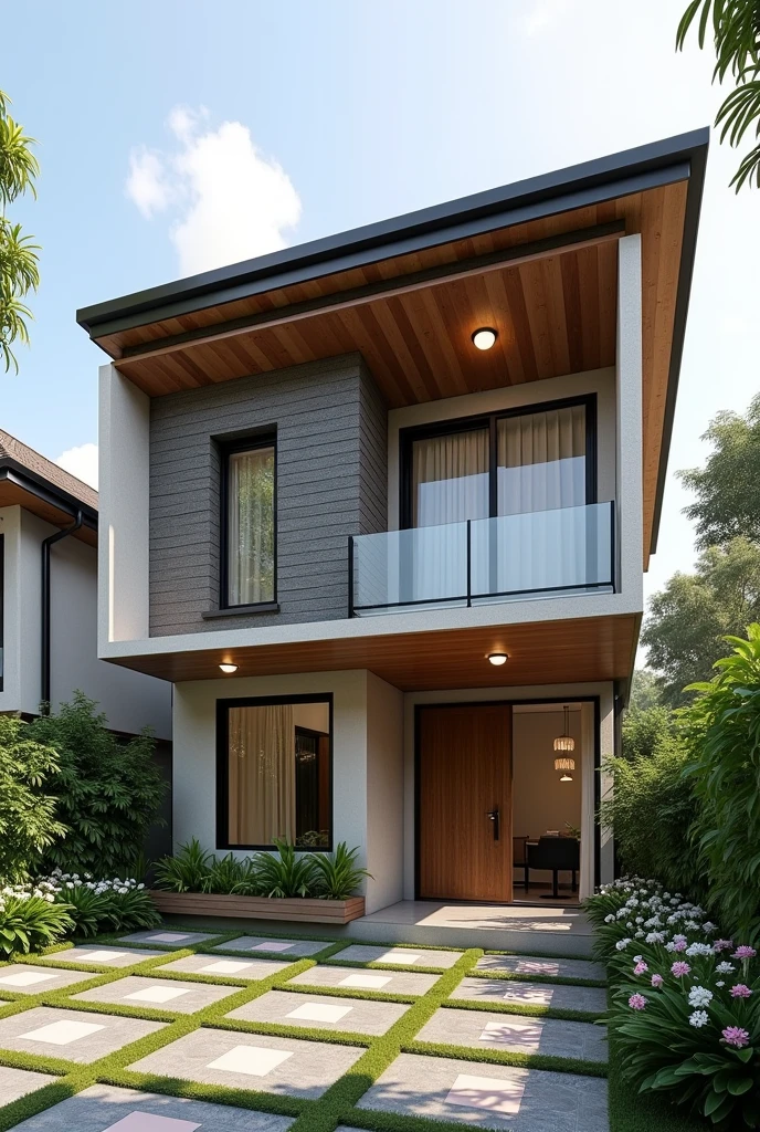 Modern style Thai roof house design, neutral color tiles, typical of Vietnam. The house has an area of 8mx12m. Designed in a modern style. There are 2 floors. Aluminum glass windows. The main door is wooden. There are flowers planted around the house. Courtyard tiles have bright colors
